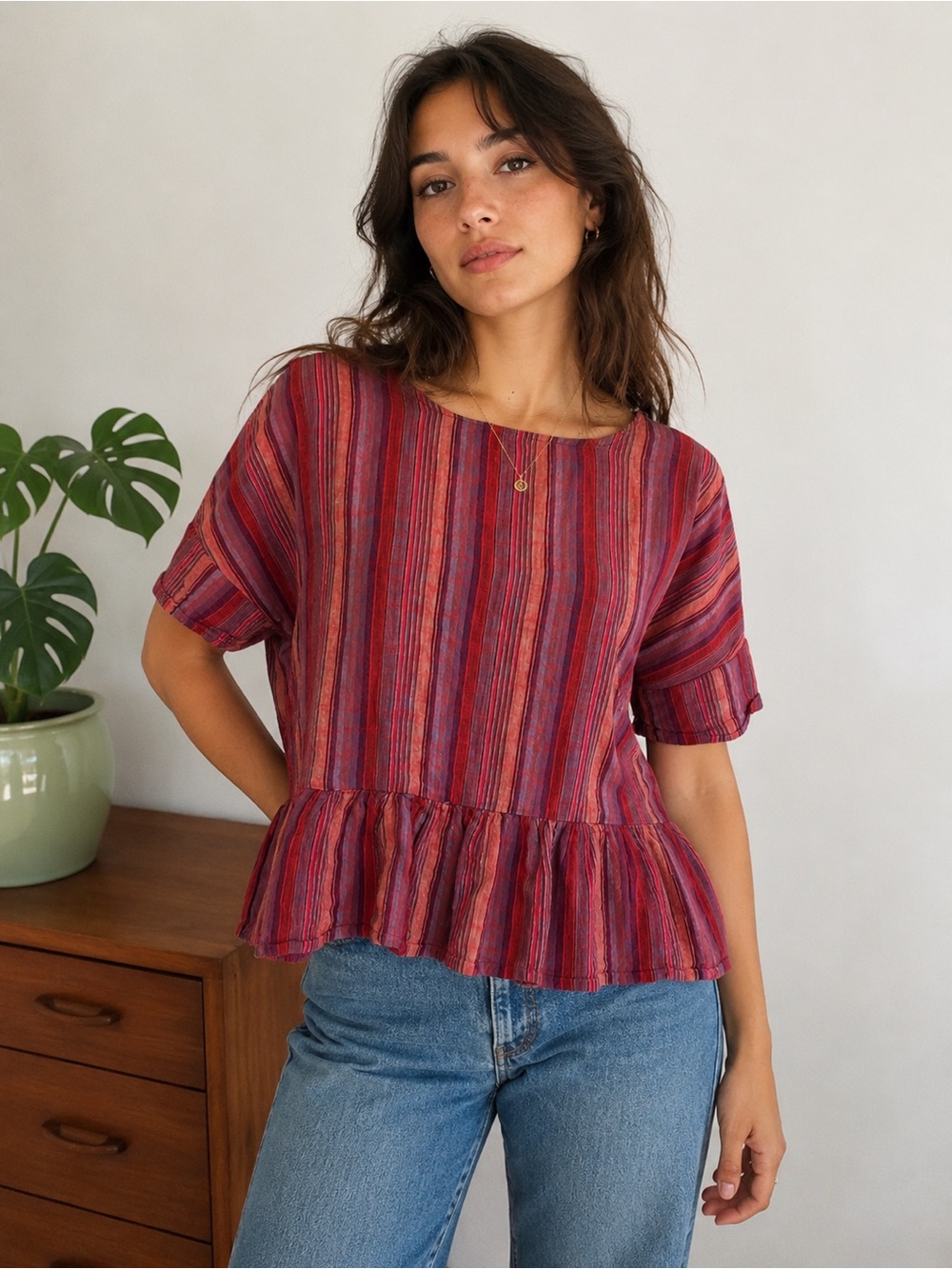 Vintage Y2K Boho Indie Folk Eclectic Striped Red Peplum Short Sleeve Top Earthy
